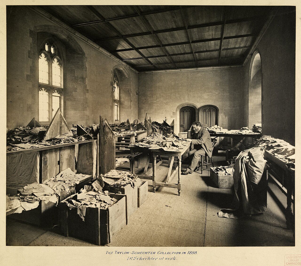 Solomon Schechter at work with Geniza fragments, the papers that changed Jewish social history.