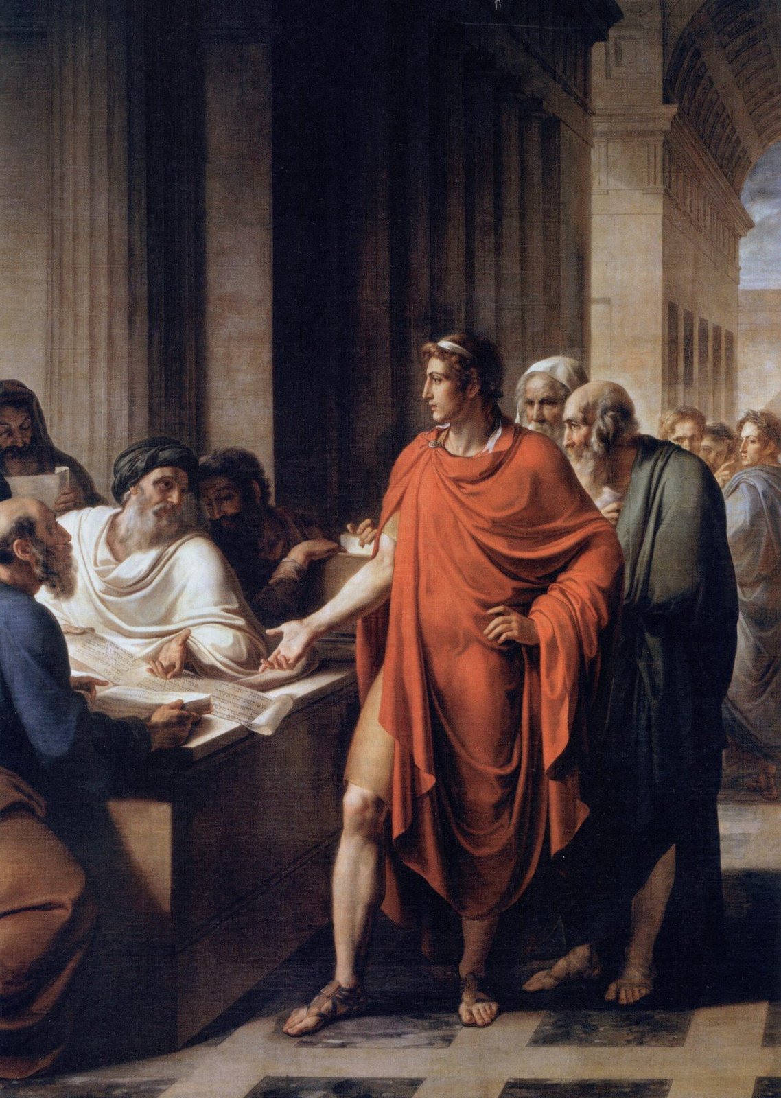 A nineteenth-century painting imagining Ptolemy II Philadelphus among scholars in the Library of Alexandria