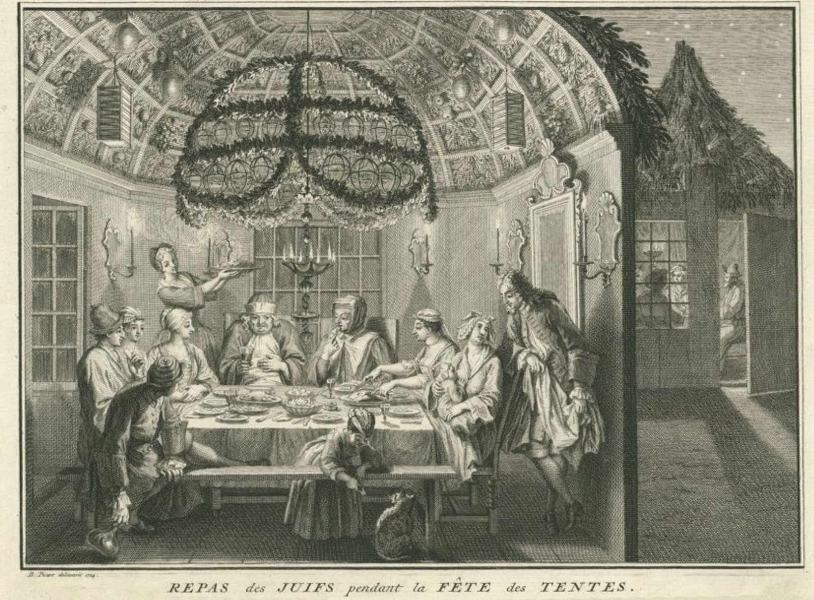 Bernard Picart's 1724 engraving of a family sharing a meal inside a decorated sukkah, its roof open to the night