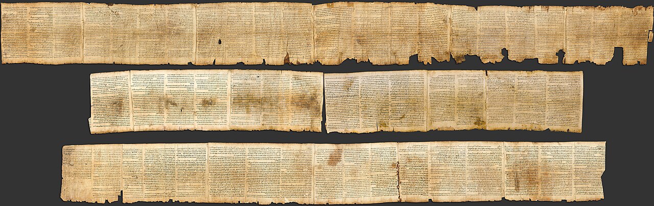 The Great Isaiah Scroll (1QIsaa), among the Dead Sea Scrolls found in the Qumran caves - the oldest near-complete copy of a biblical book. Shrine of the Book, Israel Museum.